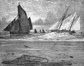 Underwater view of a trawl net attached to a fishing boat (boat), English fishing waters, around