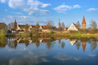 View of the old town in the evening light, Upper Tor, Liebfrauenmünster and Bürgerturm reflected in