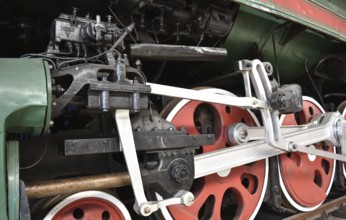 Driving wheels of the express train, steam locomotive P36 123 in the Prora Museum,
