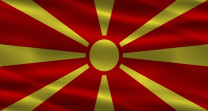 North Macedonia flag with fabric texture. Realistic flag of North Macedonia waving