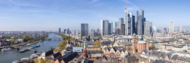 Frankfurt skyline skyscrapers in the city centre with Römer and river Main from above panorama in