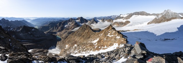Rocky ridge on the Wilder Freiger mountain peak, behind Signal summit and Becher summit with