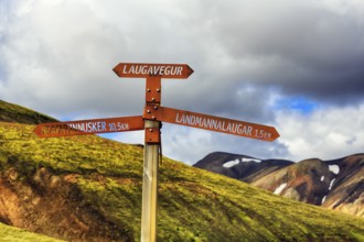 Signpost on the Laugavegur hiking trail, Landmannalaugar, remote hiking area in the Fjallabak