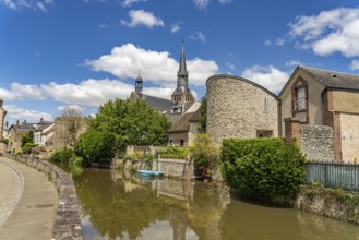 Moat in Bonneval with the church of Notre-Dame, Centre-Val de Loire, France