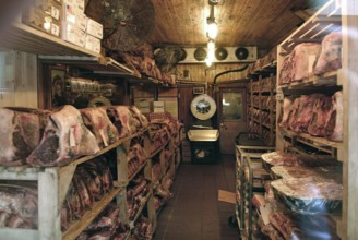 Frozen meat warehouse of a butcher's shop, New York City, USA