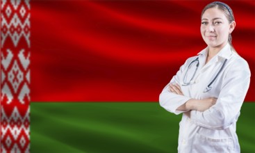Female doctor on Belarus flag. Doctor with crossed arms on Belarus flag. Belarus health and care
