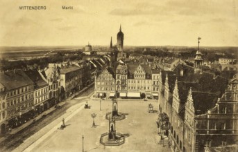 Historical postcard, picture postcard, market square of Wittenberg, Saxony-Anhalt, Germany,