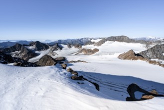 Snow on the Wilder Freiger mountain peak, picturesque high mountain landscape, view of