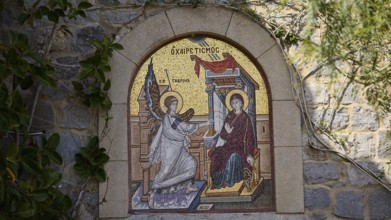 Religious mosaic painting of the Annunciation with Mary and an angel, woman's monastery,