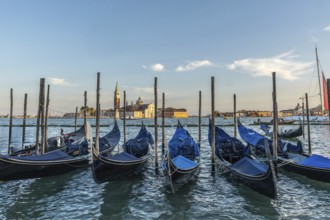 Gondolas moored at sunset with the island of san giorgio maggiore in the background, creating a