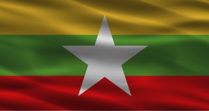 Myanmar flag with fabric texture. Realistic flag of Myanmar waving