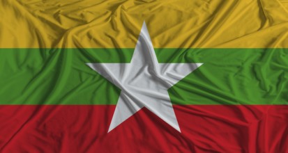 Myanmar flag with fabric texture background. National flag of Myanmar with cloth texture