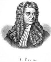 Portrait of Isaac Newton (1642-1726) steel engraving, curly wig, neckerchief, important English