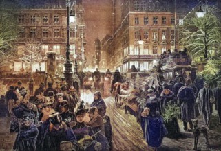 Christmas Eve Unter den Linden in Berlin, coloured wood engraving, Reproduction from a model from
