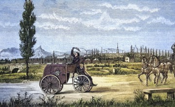 Kröner's driving machine from 1846, coloured wood engraving, reproduction from a model from ca