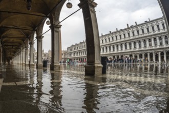 Tourists visiting piazza san marco in venice, italy, despite the rain causing flooding under the