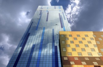 Skyscraper with colourful facade, New York City, USA