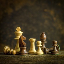 On a weathered wooden surface, a collection of chess pieces is arranged creatively. The knight