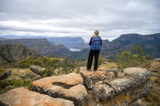 Tourist at Lowveld Viewpoint, View of the Blyde RIver Gorge, Canyon landscape, Blyde River Canyon,