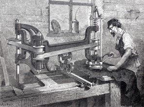 Leather processing, worker at a machine for smoothing leather, around 1880, digitally improved