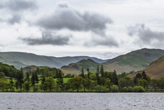 Farms and Mountains over Ullswater Lake, Lake District National Park, Cumbria, England, United