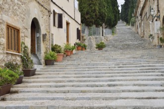 Staircase Carrer del Calvari to the Calvary, Pollenca, Majorca, Balearic Islands, Spain