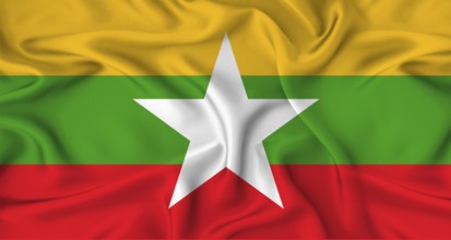 Realistic Myanmar flag waving. Close up of flag of Myanmar with cloth texture