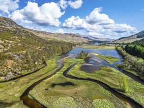 Loch Dochart and River Fillan from a drone, Highlands, Scotland, United Kingdom