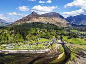 Loch Leven and Holiday Park from a drone, Glencoe, Highland, Scotland, United Kingdom