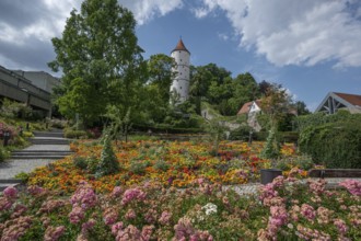 White tower on the Gigelberg, flowerbeds in front, Biberach an der Riß, Baden-Württemberg, Germany