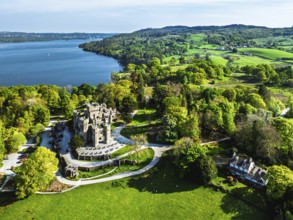 Wray Castle from a drone, Lake Windermere, Ambleside, Lake District, Cumbria, England, United