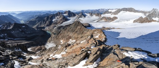 Rocky ridge on the Wilder Freiger mountain peak, behind Signal summit and Becher summit with