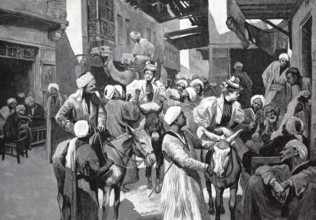 Street trading in Cairo, Egypt, coloured wood engraving, reproduction of an original from ca 1888,