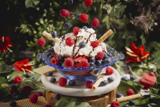 Sundae with falling raspberries and blueberries, decorated with cream and waffle, surrounded by