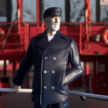3-D figure of the captain permanently installed on the bow of the harbour ferry of line 62 in front