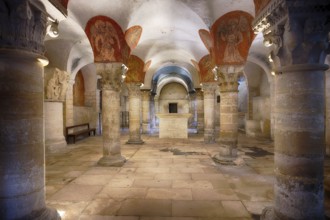 Interior, ochre-coloured drawings of angels playing music, ancient Roman crypt, Cathédrale