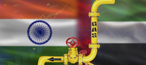 Gas pipeline with United Arab Emirates and India flag. Production and export of United Arab
