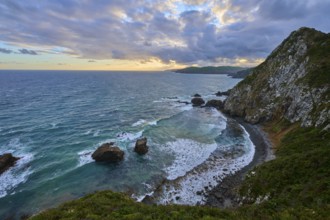 Cliffs and roaring waves in front of a colourful evening sky, summer, Nugget Point lighthouse,
