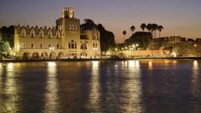 Palace of Justice, Colonial building, Historic building at night with lights and palm trees,