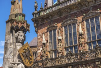 Roland statue on the market square in front of the town hall, symbol of medieval urban market law,