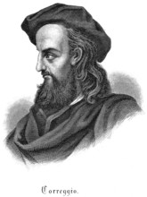 Antonio da Correggio (1489 -1534) Italian Renaissance painter, long hair, full beard, cape, beret