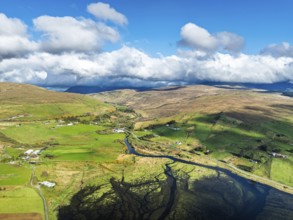 Farms and Moors over Loch Harport from a drone, Drynoch, Isle of Skye, Highlands, Scotland, United