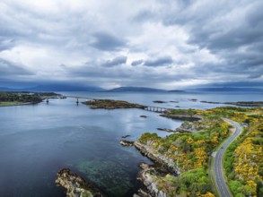 Skye Bridge over Loch Alsh from a drone, Kyle of Lochalsh, Isle of Skye, Scotland, England, United