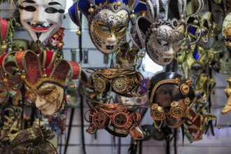Steampunk glasses, vintage, Venetian masks, accessories in a shop, carnival in Venice, Italy