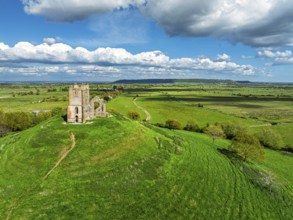 Burrow Mump from a drone, Southlake Moor, Burrowbridge, Taunton, Somerset, England, United Kingdom