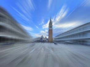 St Mark's Square with St Mark's Tower, zoom effect, lagoon city of Venice, Veneto, Italy