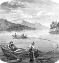 Fisherman on Lake Constance netting bluefish, 1869, Baden-Württemberg, Germany, Historical,