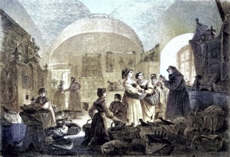 In the sacristy of a Franciscan monastery on Easter morning, coloured woodcut from 1864, people