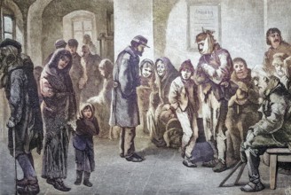 Wiener Wärmestube fuer Obdachlose, Vienna, Austria, coloured wood engraving, reproduction of an