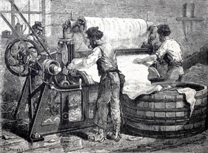 Leather processing, worker at a splitting machine for leather, around 1880, digitally improved